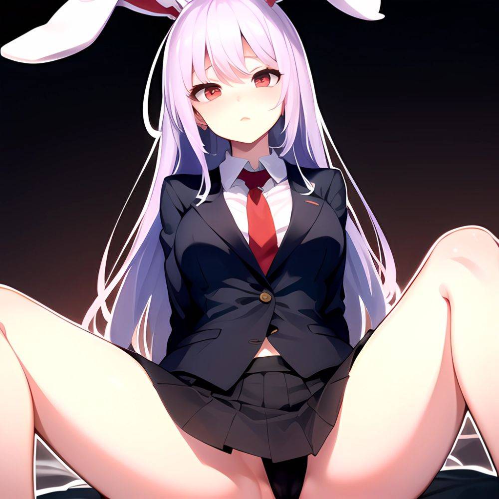 Ai Assisted Breasts Highres Medium Breasts Red Eyes Reisen Udongein Inaba Sitting Spread Legs Touhou Arms Behind Back White Outl, 1495558837 - AIHentai - #main