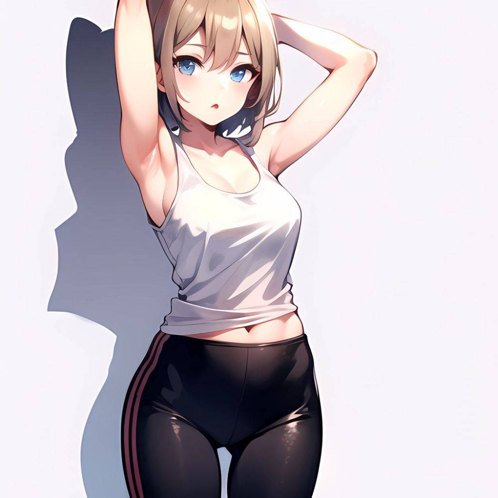 1girl Solo Tank Top Leggings Blue Eyes Standing Fully Clothed Pov Simple Background Arms Behind Head, 3412428556 - AIHentai - #main