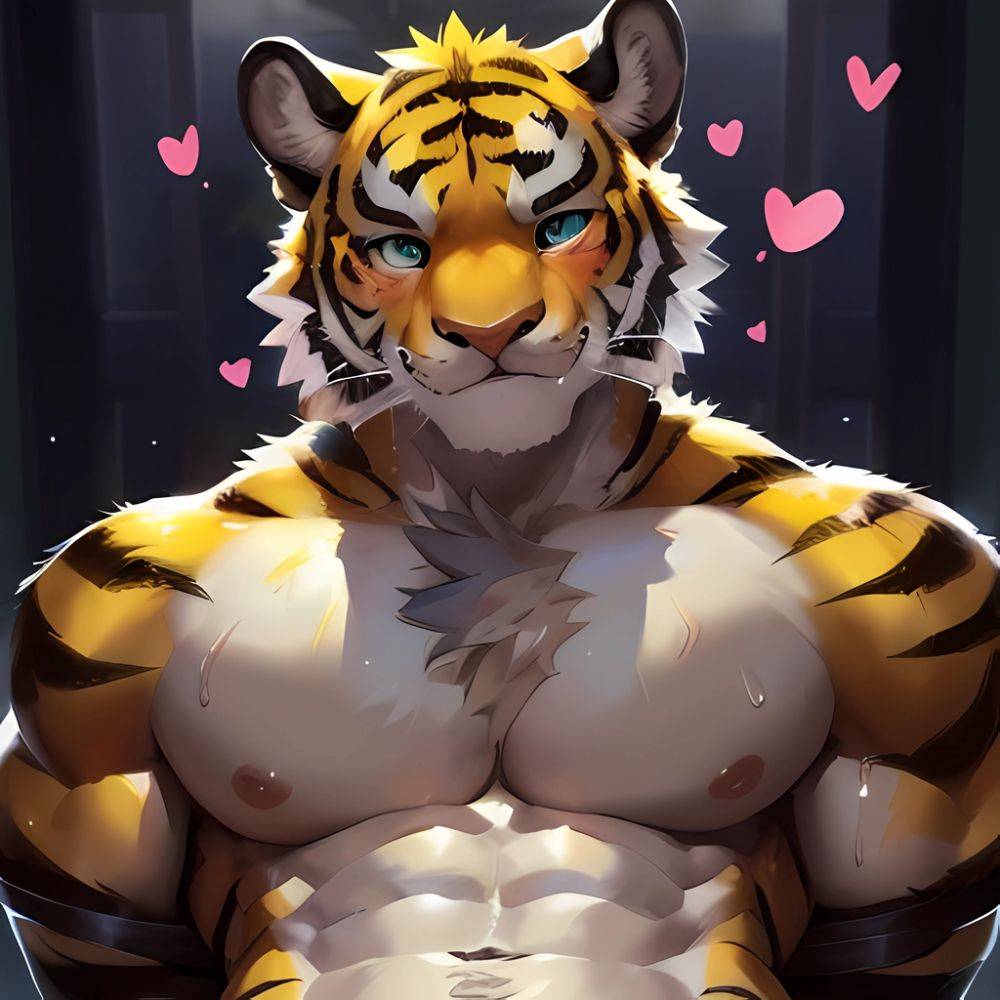 Kemono Bara Solo Anthro Male Tiger Golden Body Sitting Posing Naked Big Penis Sweat Drops Very Huge Muscles Very Large, 330653530 - AIHentai - #main