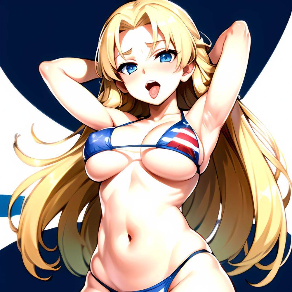 1girl American Flag Bikini Armpits Arms Behind Head Bikini Blonde Hair Blue Eyes Blush Breasts Covered Erect Nipples Flag Print, 2290822133 - AIHentai - #main