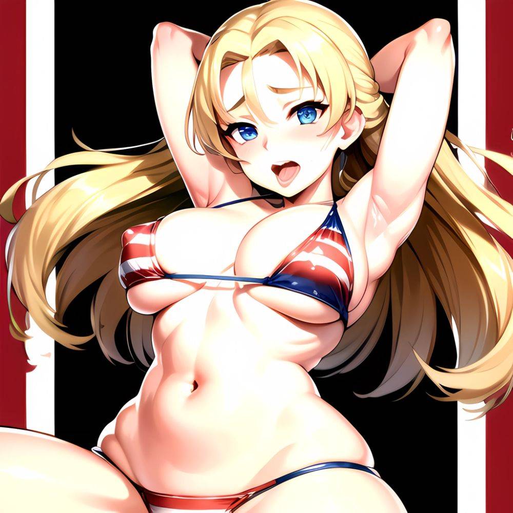 1girl American Flag Bikini Armpits Arms Behind Head Bikini Blonde Hair Blue Eyes Blush Breasts Covered Erect Nipples Flag Print, 2648706966 - AIHentai - #main