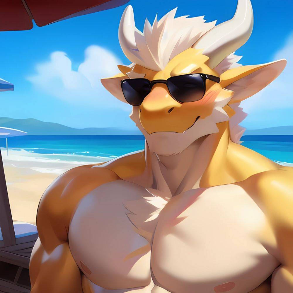 Male Anthro Muscle Kemono Dragon Penis Yellow Body Blush Sunglasses Beach White Mane Horns Chunie Meesh Kiyosan Sigma X Bara, 2169064495 - AIHentai - #main