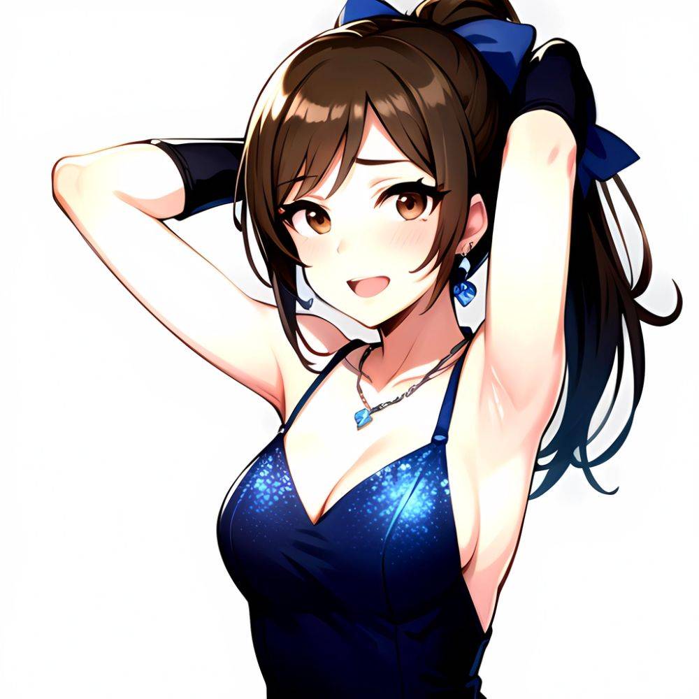 1girl Absurdres Armpits Arms Up Ayase Honoka Black Gloves Blue Bow Blue Dress Blush Bow Breasts Brown Eyes Brown Hair, 688414129 - AIHentai - #main