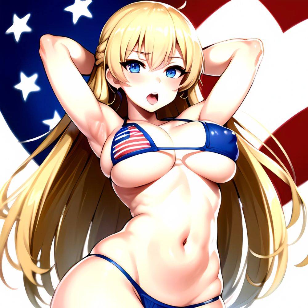 1girl American Flag Bikini Armpits Arms Behind Head Bikini Blonde Hair Blue Eyes Blush Breasts Covered Erect Nipples Flag Print, 622781991 - AIHentai - #main