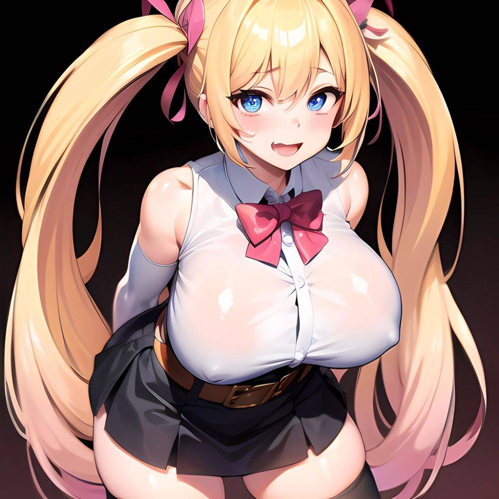 1girl Aymusk Belt Black Skirt Blonde Hair Blue Eyes Blush Bow Bowtie Breasts Curvy Elbow Gloves Fang Gloves Gradient Background, 3011107422 - AIHentai - #main