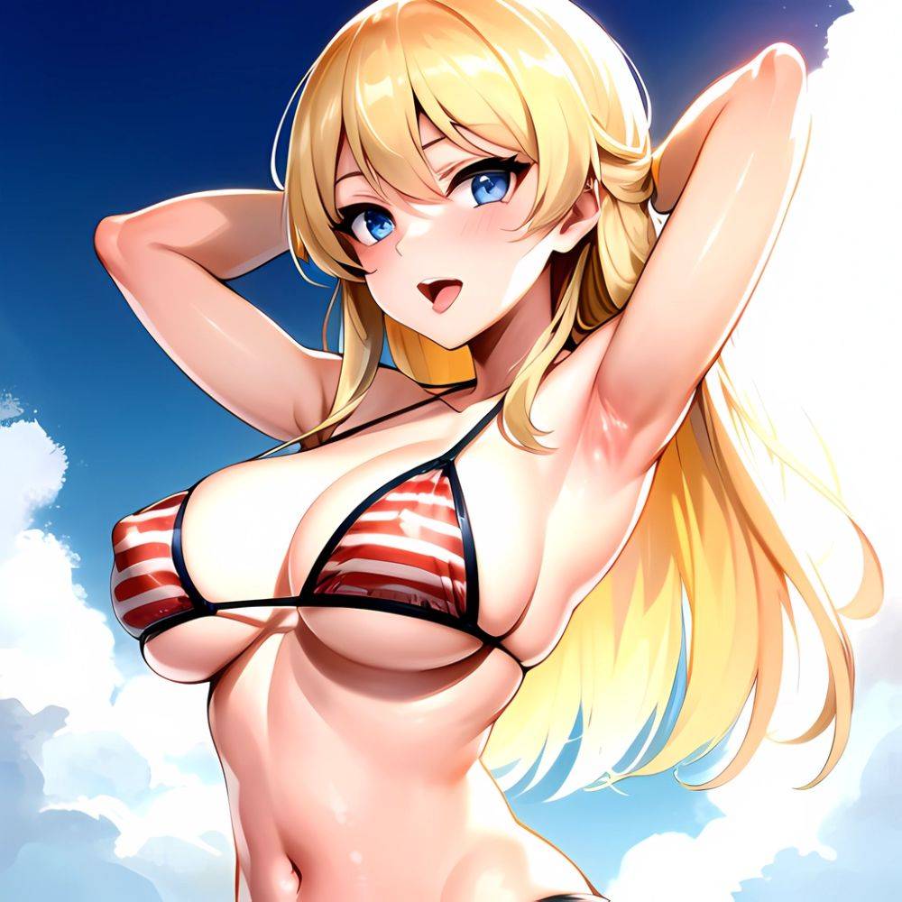 1girl American Flag Bikini Armpits Arms Behind Head Bikini Blonde Hair Blue Eyes Blush Breasts Covered Erect Nipples Flag Print, 2903000413 - AIHentai - #main