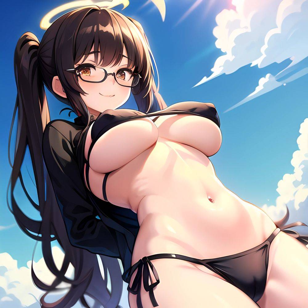 1girl Bikini Black Bikini Blue Archive Blue Sky Breasts Brown Eyes Brown Hair Closed Mouth Clothes Lift Cloud Covered Nipples, 119273104 - AIHentai - #main