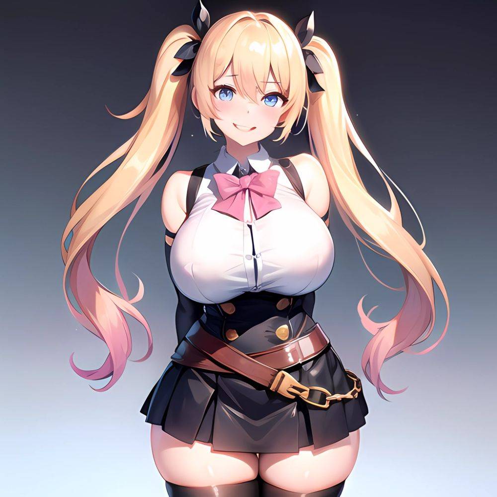 1girl Aymusk Belt Black Skirt Blonde Hair Blue Eyes Blush Bow Bowtie Breasts Curvy Elbow Gloves Fang Gloves Gradient Background, 35264779 - AIHentai - #main