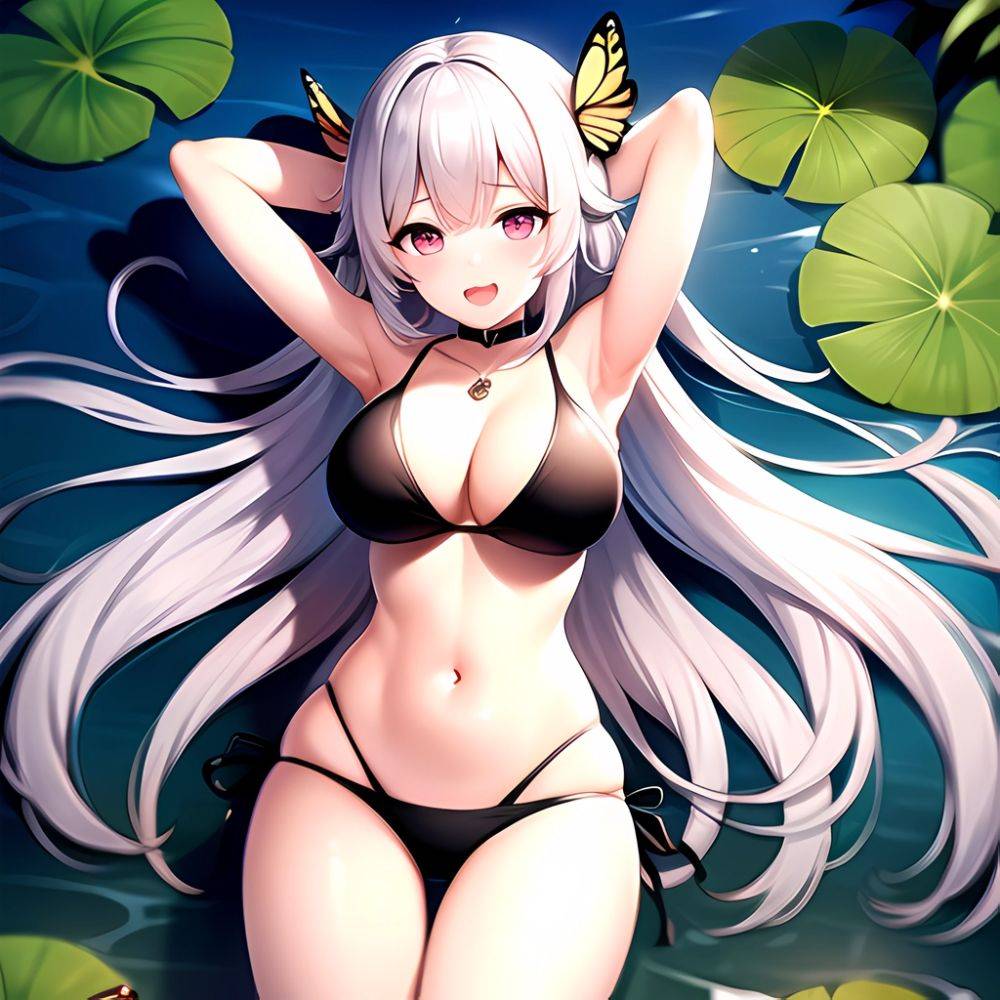 1girl D Bare Arms Bare Shoulders Bikini Black Bikini Breasts Bug Butterfly Butterfly Hair Ornament Choker Cleavage Feet Out Of, 234576580 - AIHentai - #main
