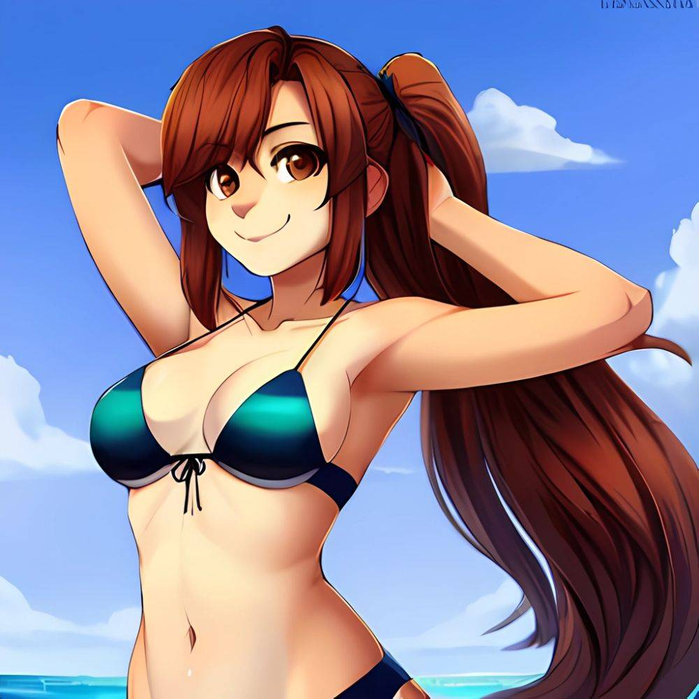 1girl Armpits Arms Behind Head Bikini Brown Eyes Brown Hair Cowboy Shot Dot Nose Flat Chest From Side Hair Ornament, 2498956813 - AIHentai - #main