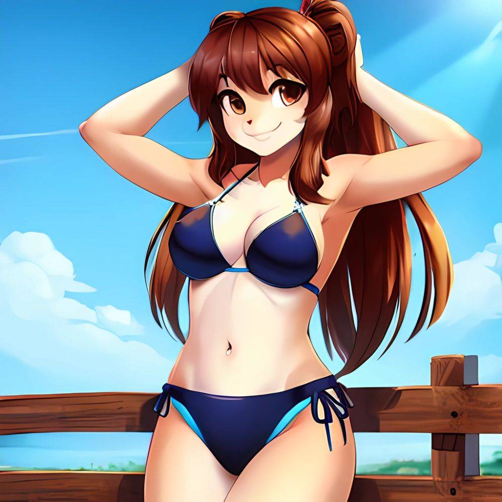 1girl Armpits Arms Behind Head Bikini Brown Eyes Brown Hair Cowboy Shot Dot Nose Flat Chest From Side Hair Ornament, 4034732010 - AIHentai - #main