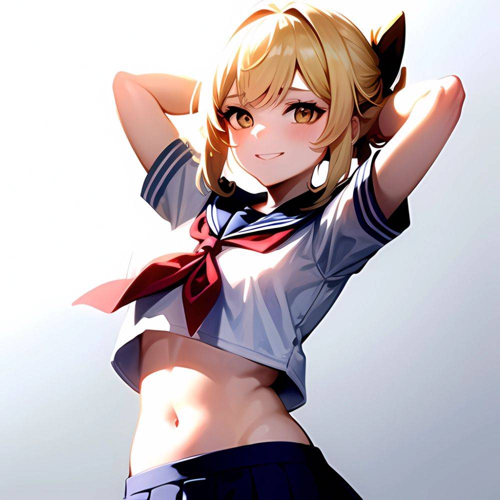 1girl Arms Up Arms Behind Head Blonde Hair Blue Skirt Bow Crop Top Crop Top Overhang Genshin Impact Gradient Background, 512268724 - AIHentai - #main