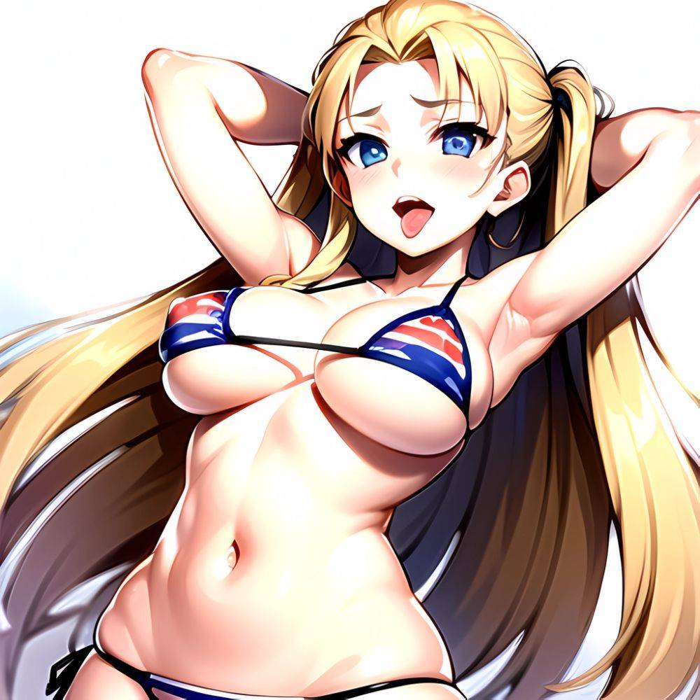 1girl American Flag Bikini Armpits Arms Behind Head Bikini Blonde Hair Blue Eyes Blush Breasts Covered Erect Nipples Flag Print, 2322489482 - AIHentai - #main