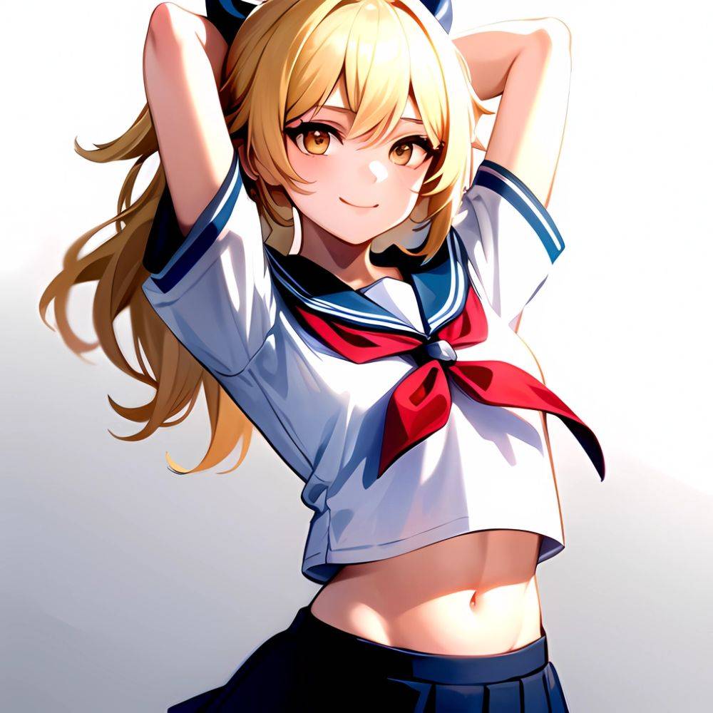 1girl Arms Up Arms Behind Head Blonde Hair Blue Skirt Bow Crop Top Crop Top Overhang Genshin Impact Gradient Background, 290291697 - AIHentai - #main