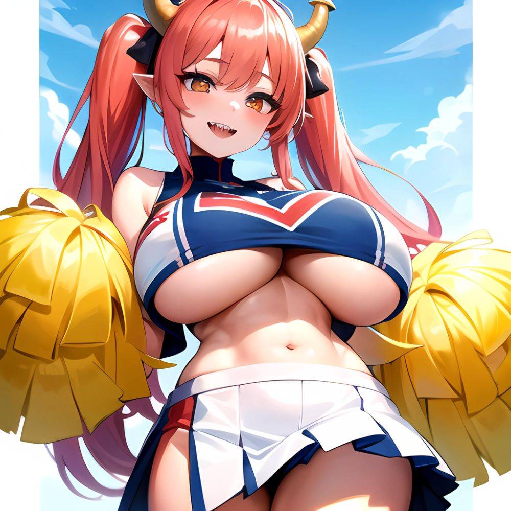 1girl Absurdres White Skirt Whitefrok Breasts Cheerleader Dragon Girl Dragon Horns Highres Holding Holding Pom Poms Horns Huge B, 2855686133 - AIHentai - #main
