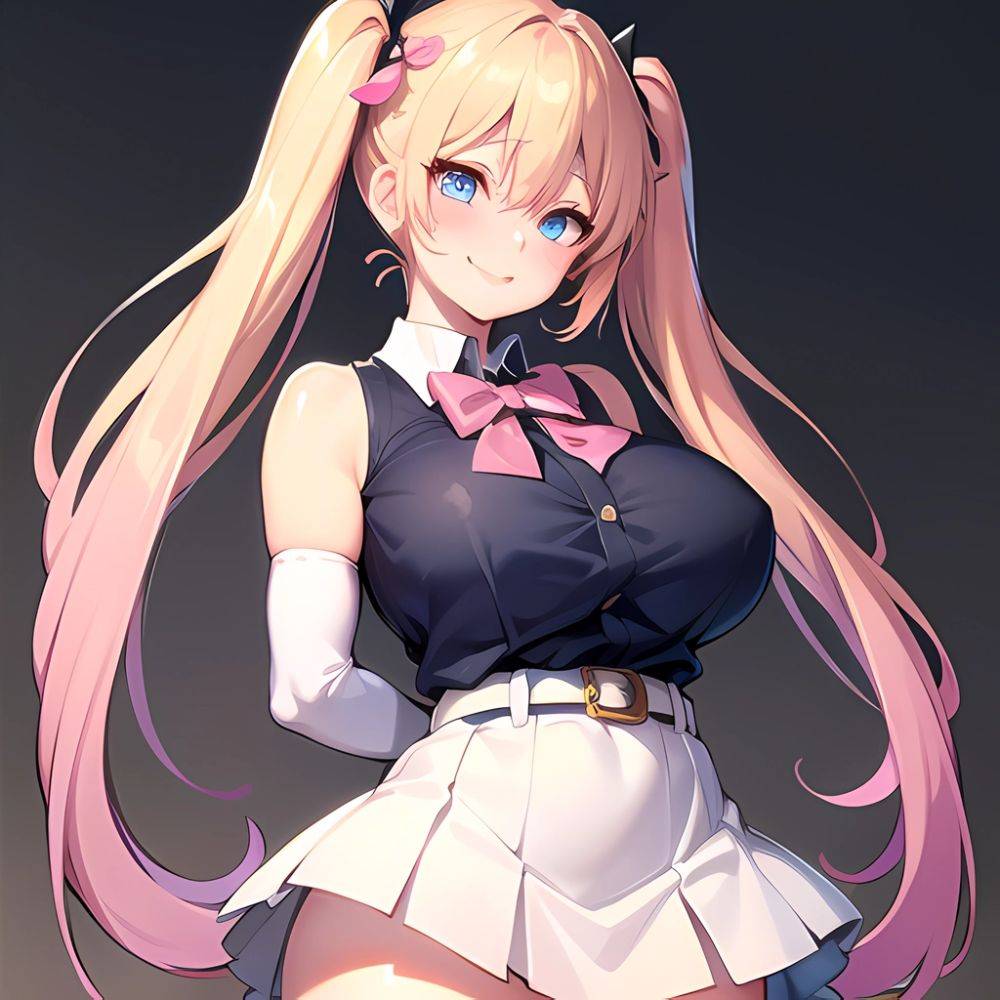 1girl Aymusk Belt White Skirt Blonde Hair Blue Eyes Blush Bow Bowtie Breasts Curvy Elbow Gloves Fang Gloves Gradient Background, 2177002296 - AIHentai - #main