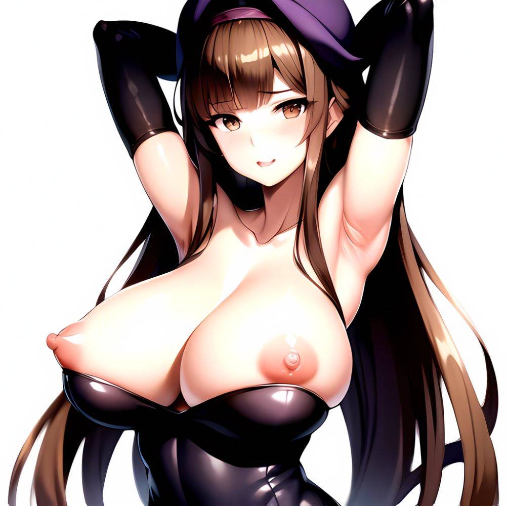 1girl Absurdres Bare Shoulders Black Headwear Breasts Breasts Out Brown Eyes Brown Hair Cleavage Dragon 039 S Crown Dress Highre, 3822919212 - AIHentai - #main