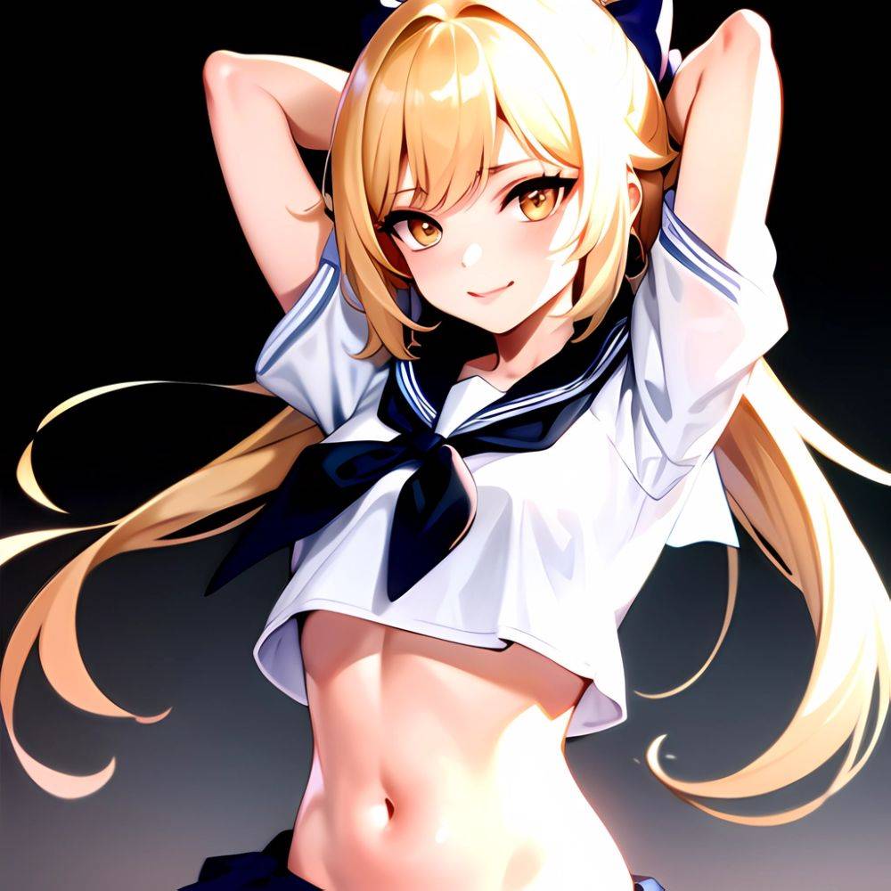 1girl Arms Up Arms Behind Head Blonde Hair Blue Skirt Bow Crop Top Crop Top Overhang Genshin Impact Gradient Background, 1535520203 - AIHentai - #main