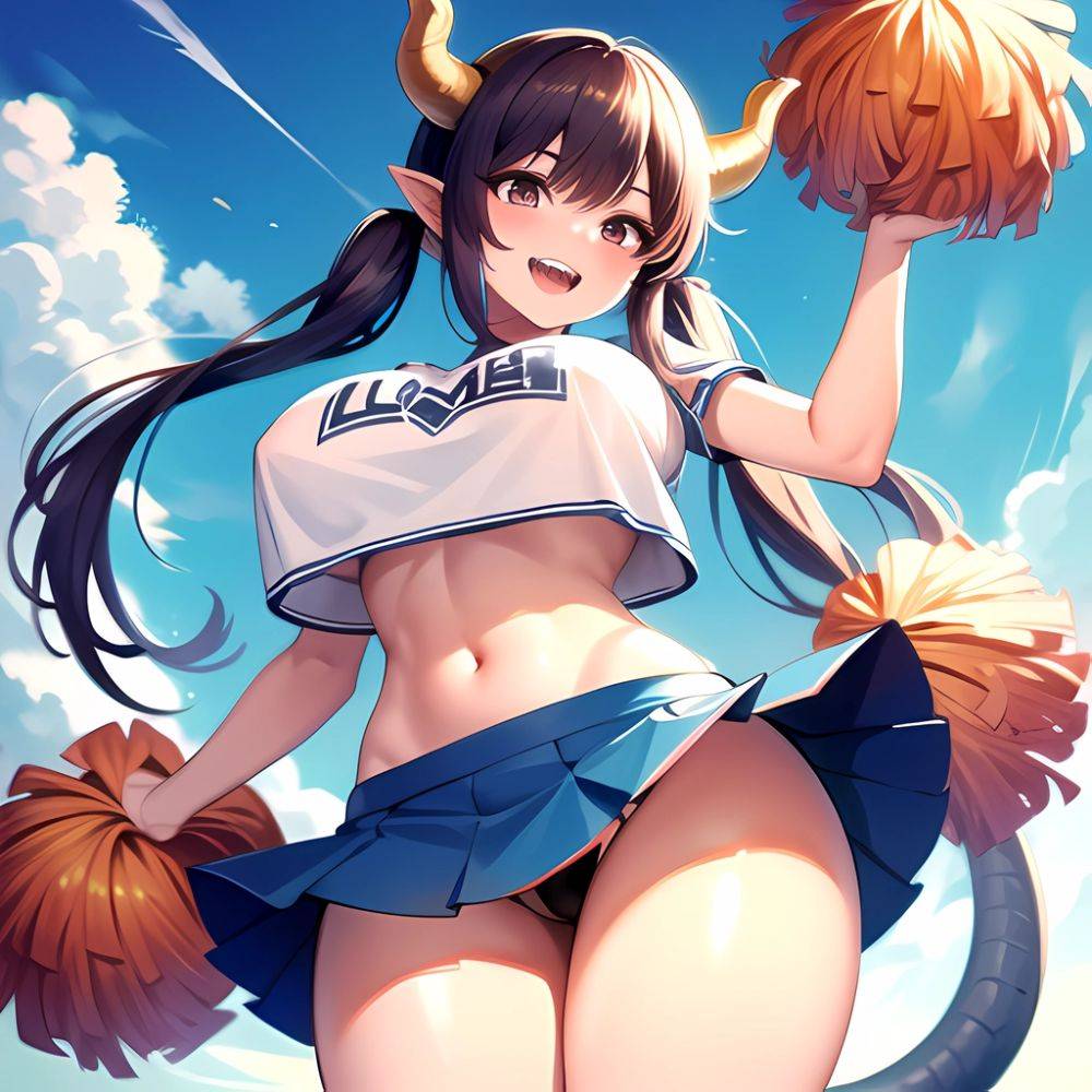 1girl Absurdres Blue Skirt Bluefrok Breasts Cheerleader Dragon Girl Dragon Horns Highres Holding Holding Pom Poms Horns Huge Bre, 3190356582 - AIHentai - #main