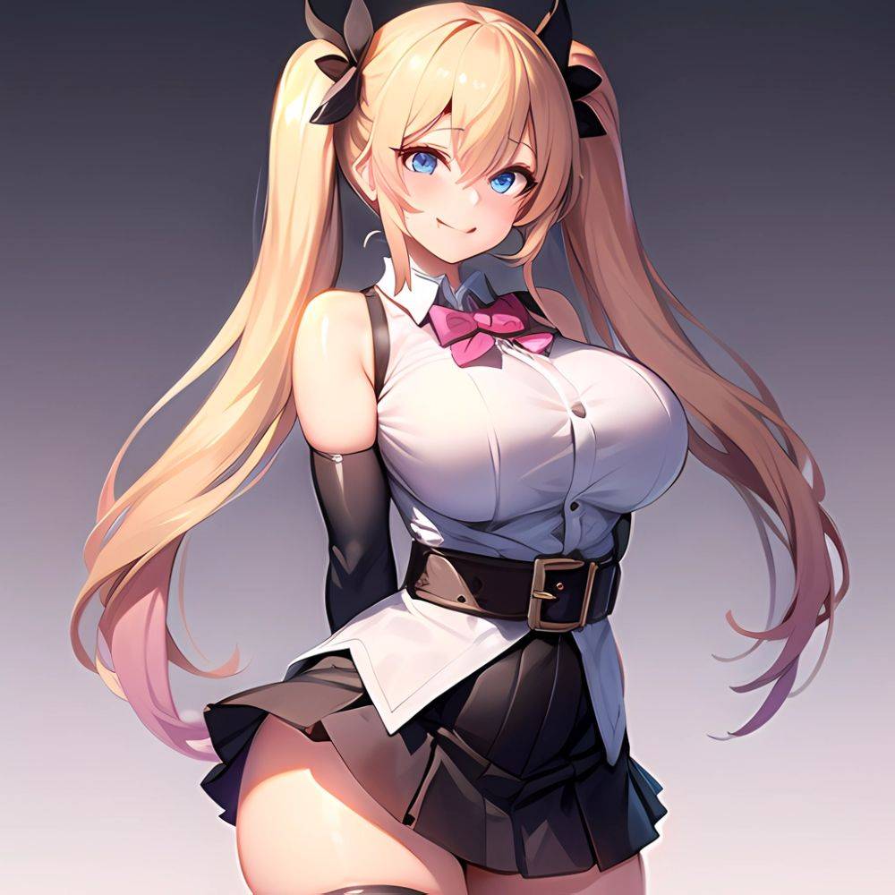 1girl Aymusk Belt Black Skirt Blonde Hair Blue Eyes Blush Bow Bowtie Breasts Curvy Elbow Gloves Fang Gloves Gradient Background, 3078738376 - AIHentai - #main