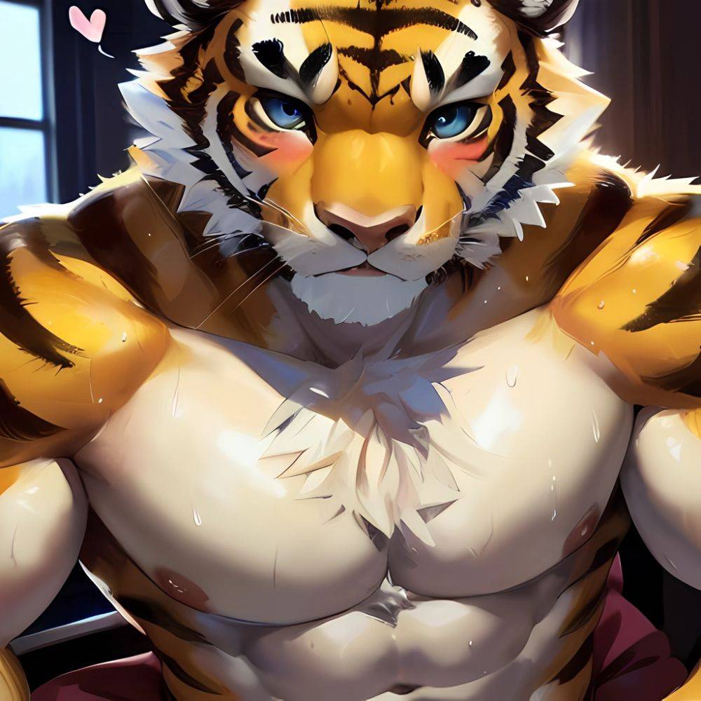 Kemono Bara Solo Anthro Male Tiger Golden Body Sitting Posing Naked Big Penis Sweat Drops Very Huge Muscles Very Large, 1772825640 - AIHentai - #main