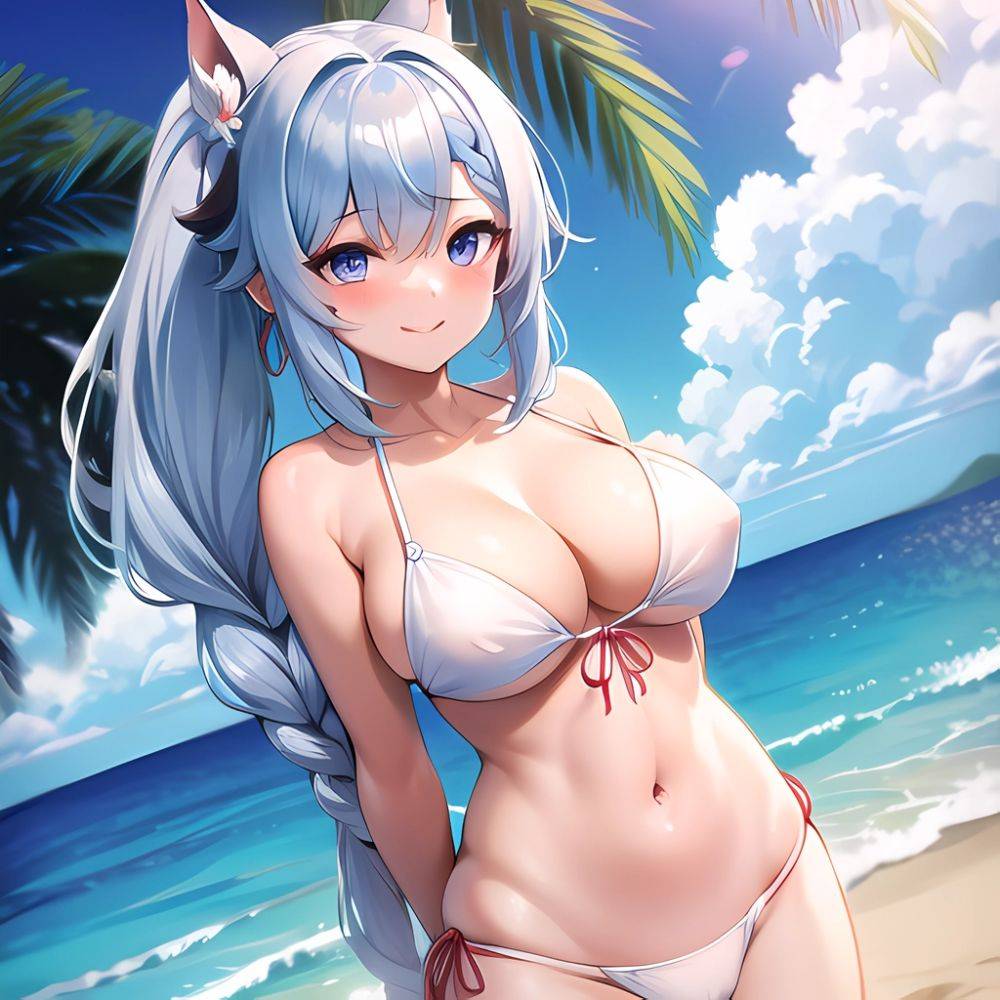 1girl Absurdres Bare Shoulders Beach Bikini Blue Eyes Blue Sky Blush Braid Braided Ponytail Breasts Cleavage Collarbone Genshin, 239767259 - AIHentai - #main