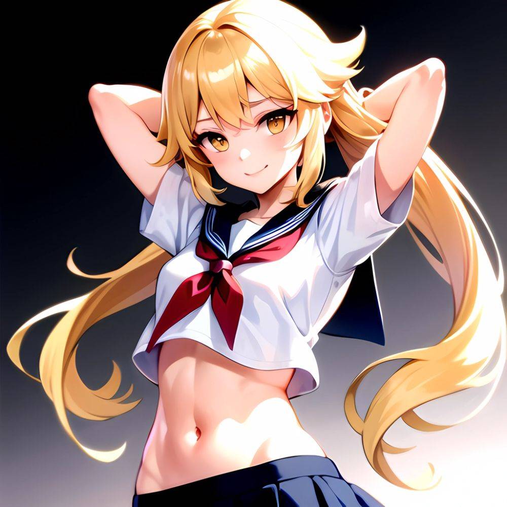 1girl Arms Up Arms Behind Head Blonde Hair Blue Skirt Bow Crop Top Crop Top Overhang Genshin Impact Gradient Background, 1828224126 - AIHentai - #main