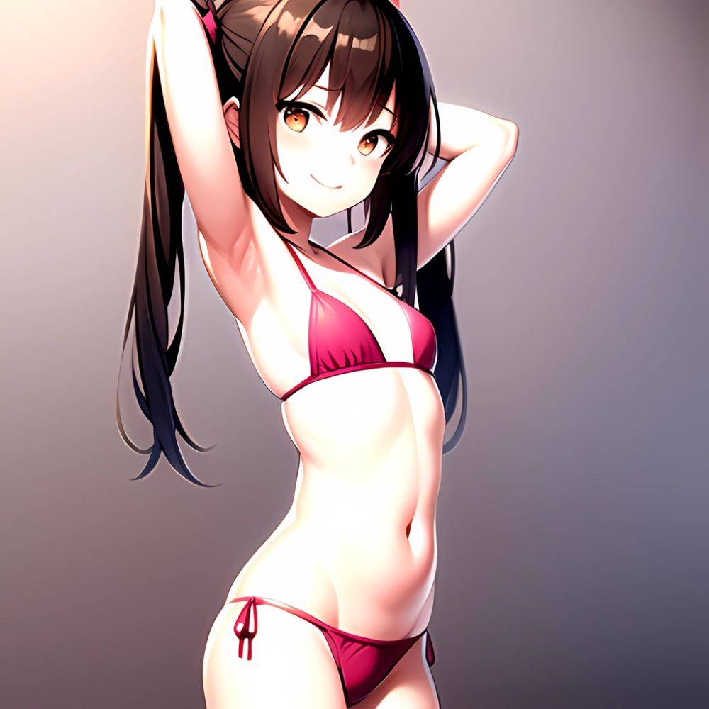 1girl Armpits Arms Behind Head Bikini Brown Eyes Brown Hair Cowboy Shot Dot Nose Flat Chest From Side Hair Ornament, 1661103542 - AIHentai - #main