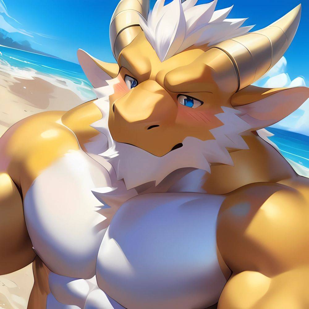 Male Anthro Muscle Kemono Dragon Penis Yellow Body Blush Beach White Mane Horns Chunie Meesh Kiyosan Sigma X Bara Detailed, 3572560019 - AIHentai - #main