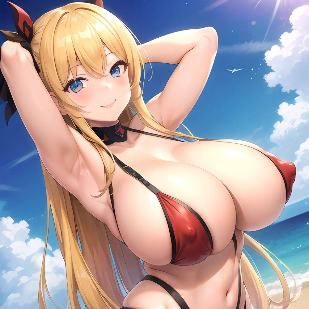 1girl Blonde Hair Breasts Cleavage Grenadier Manga Haganef Huge Breasts Long Hair Nipples Pussy Smile Tendou Rushuna Arms Behind, 1735262343 - AIHentai - #main