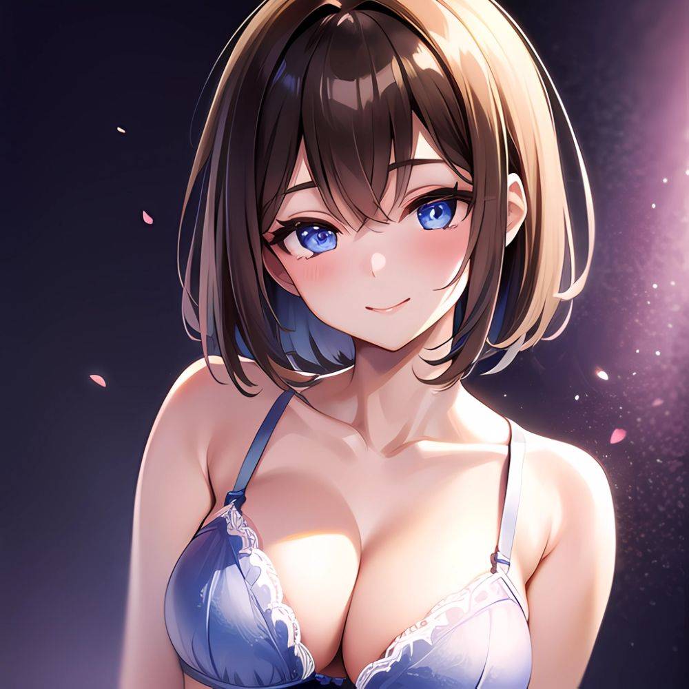 1girl Ai Generated Blue Eyes Blush Breasts Brown Hair Highres Large Breasts Light Smile Looking At Viewer Purple Background Shor, 860036687 - AIHentai - #main