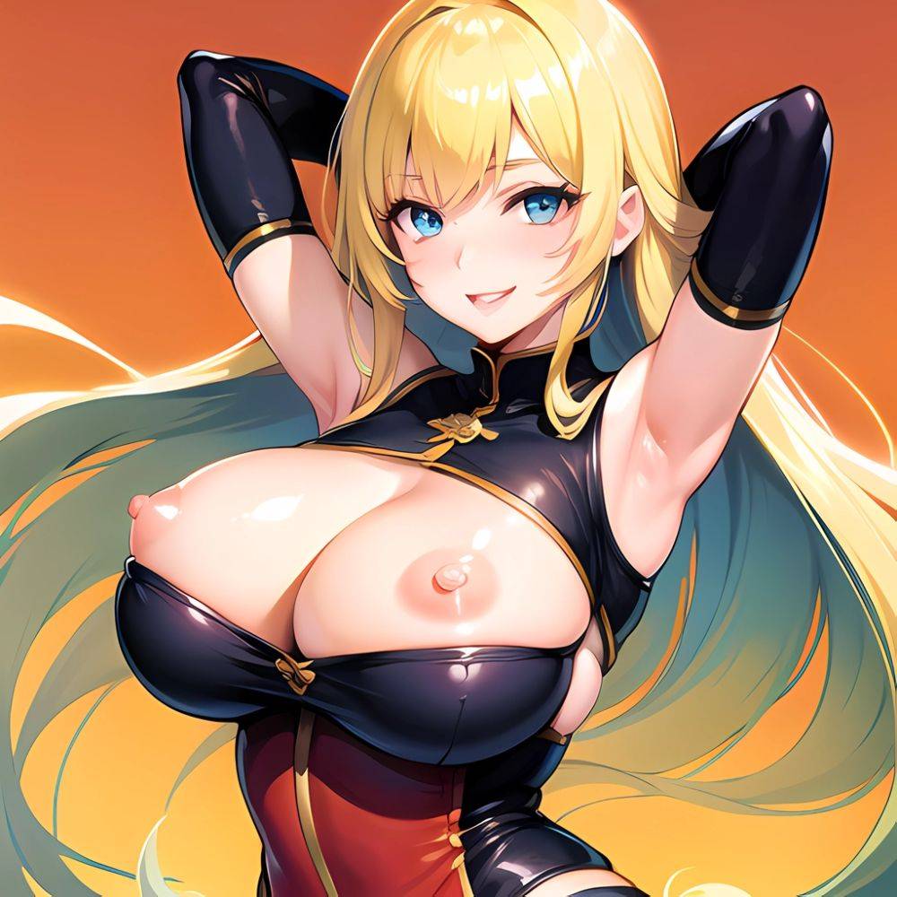 1girl Blonde Hair Breasts Cleavage Grenadier Manga Haganef Huge Breasts Long Hair Nipples Pussy Smile Tendou Rushuna Arms Behind, 2139123565 - AIHentai - #main