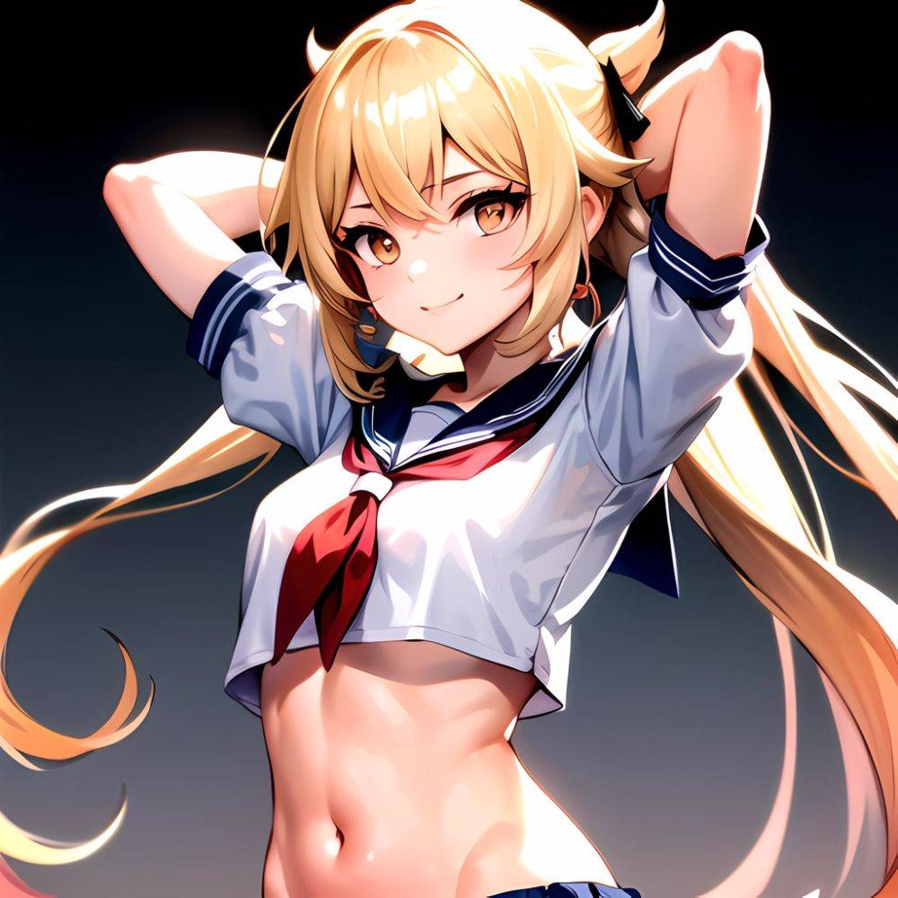 1girl Arms Up Arms Behind Head Blonde Hair Blue Skirt Bow Crop Top Crop Top Overhang Genshin Impact Gradient Background, 2178890502 - AIHentai - #main