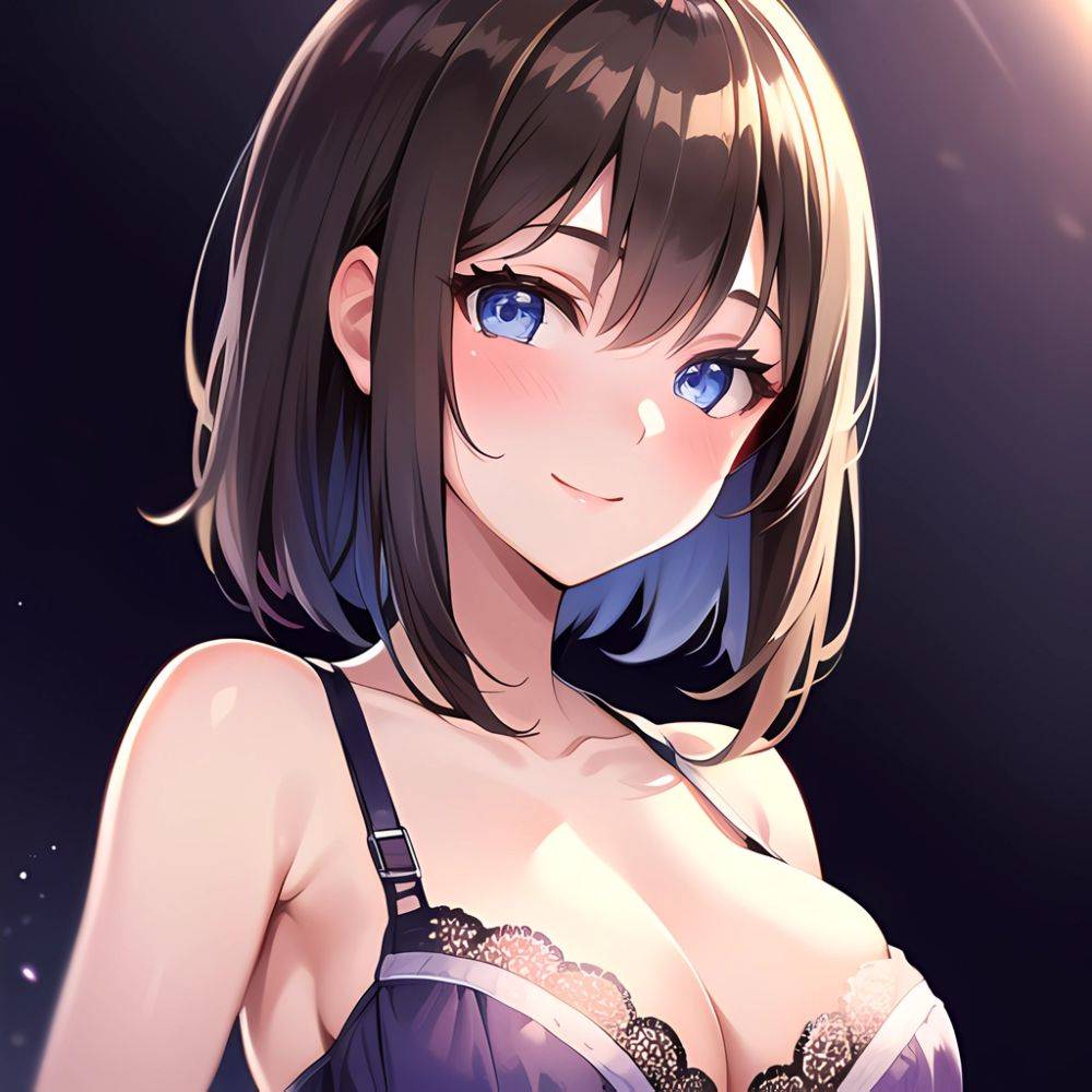 1girl Ai Generated Blue Eyes Blush Breasts Brown Hair Highres Large Breasts Light Smile Looking At Viewer Purple Background Shor, 787723793 - AIHentai - #main