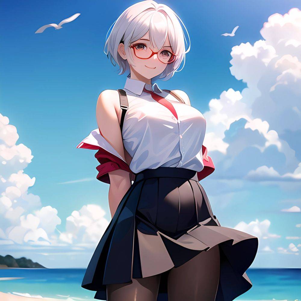 1girl Aircraft Bird Breasts Cloud Cloudy Sky Cowboy Shot Curtsey Dark Skinned Female Dark Skin Day Flashing Glasses Looking At, 1791084375 - AIHentai - #main