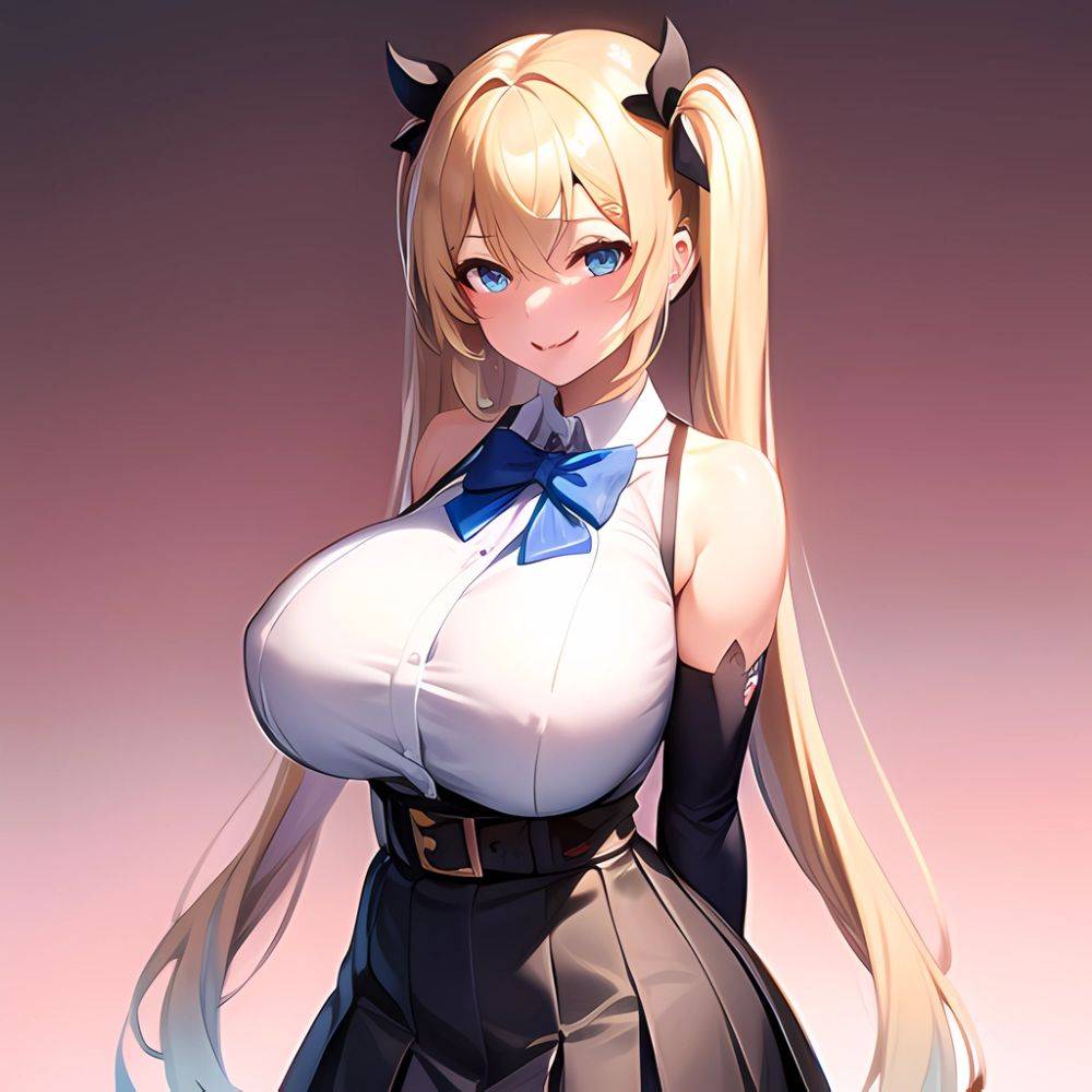 1girl Aymusk Belt White Skirt Blonde Hair Blue Eyes Blush Bow Bowtie Breasts Curvy Elbow Gloves Fang Gloves Gradient Background, 962538066 - AIHentai - #main