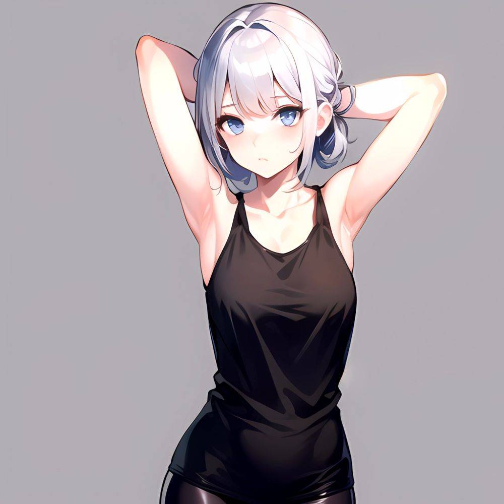 1girl Solo Tank Top Leggings Blue Eyes Standing Fully Clothed Pov Simple Background Arms Behind Head, 3665656271 - AIHentai - #main