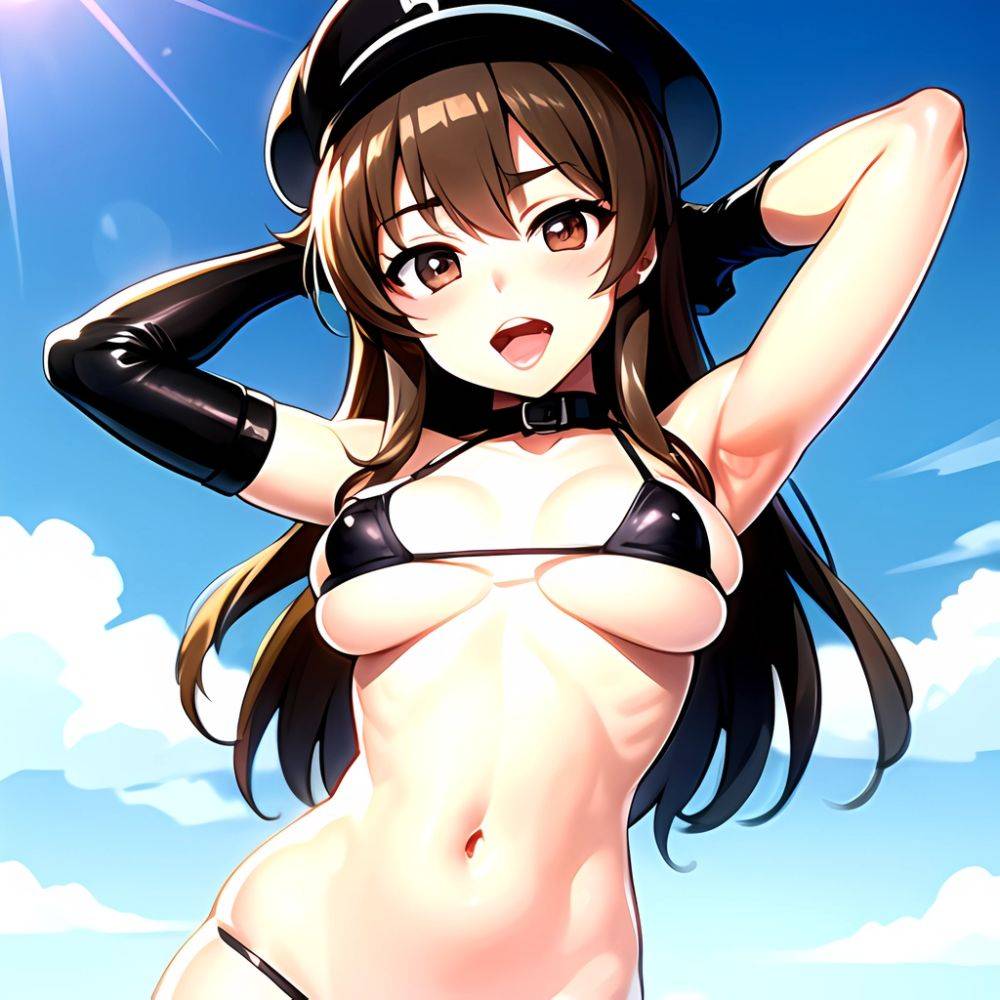 1girl Armpits Arms Behind Head Bikini Blush Breasts Brown Eyes Brown Hair Covered Erect Nipples Elbow Gloves Girls Und Panzer, 2233266793 - AIHentai - #main