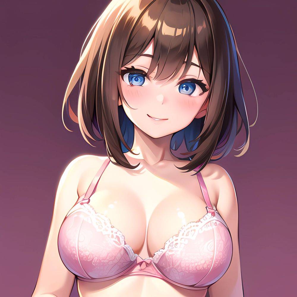 1girl Ai Generated Blue Eyes Blush Breasts Brown Hair Highres Large Breasts Light Smile Looking At Viewer Pink Background Short, 3581928374 - AIHentai - #main