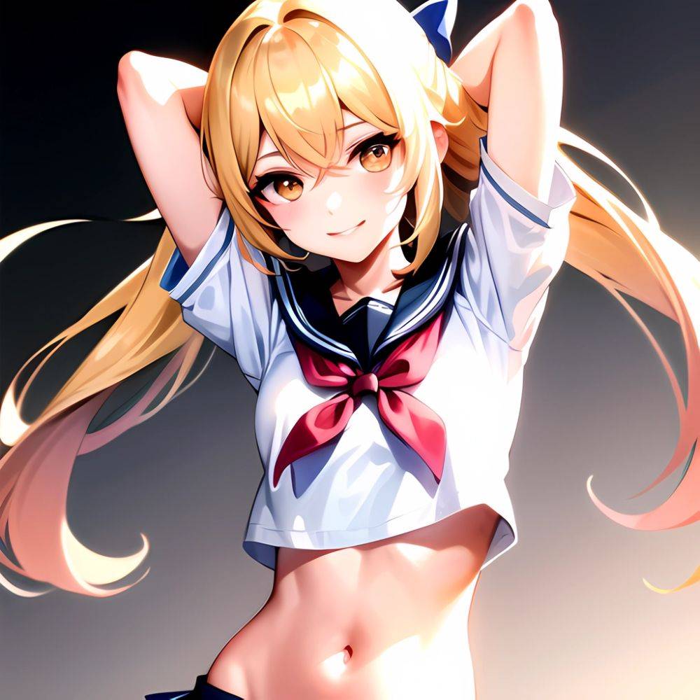 1girl Arms Up Arms Behind Head Blonde Hair Blue Skirt Bow Crop Top Crop Top Overhang Genshin Impact Gradient Background, 1297770348 - AIHentai - #main
