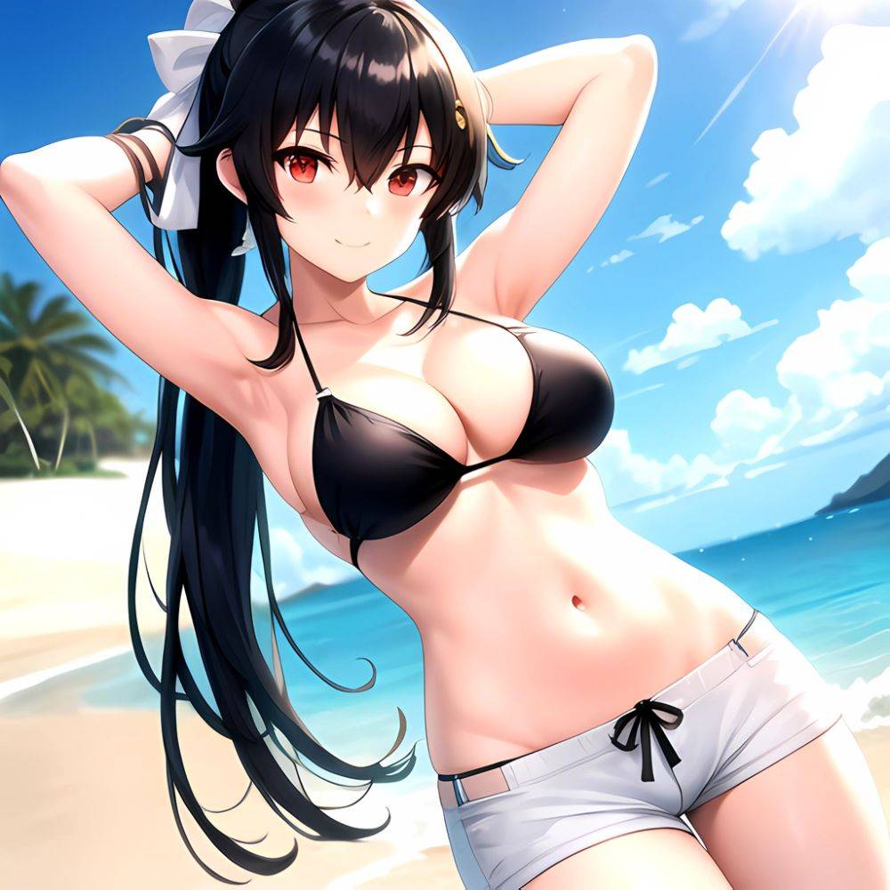 1girl Arms Behind Head Armpits Beach Bikini Bikini Under Shorts Black Bikini Black Hair Blurry Blurry Background Breasts Cleavag, 1933609872 - AIHentai - #main