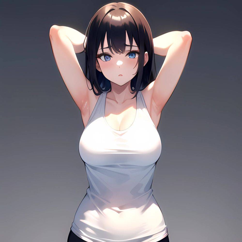 1girl Solo Tank Top Leggings Blue Eyes Standing Fully Clothed Pov Simple Background Arms Behind Head, 494635365 - AIHentai - #main