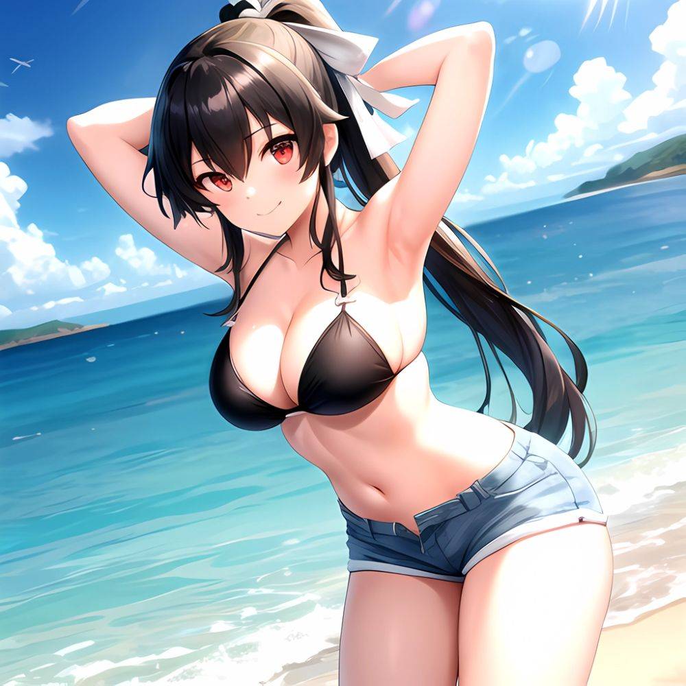 1girl Arms Behind Head Armpits Beach Bikini Bikini Under Shorts Black Bikini Black Hair Blurry Blurry Background Breasts Cleavag, 3573142395 - AIHentai - #main