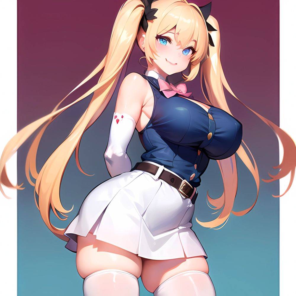 1girl Aymusk Belt White Skirt Blonde Hair Blue Eyes Blush Bow Bowtie Breasts Curvy Elbow Gloves Fang Gloves Gradient Background, 2557030171 - AIHentai - #main