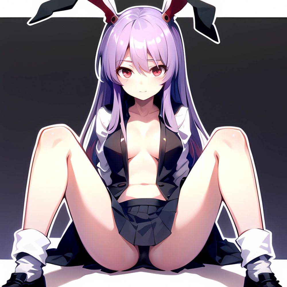 Ai Assisted Breasts Highres Medium Breasts Red Eyes Reisen Udongein Inaba Sitting Spread Legs Touhou Arms Behind Back White Outl, 2192773553 - AIHentai - #main
