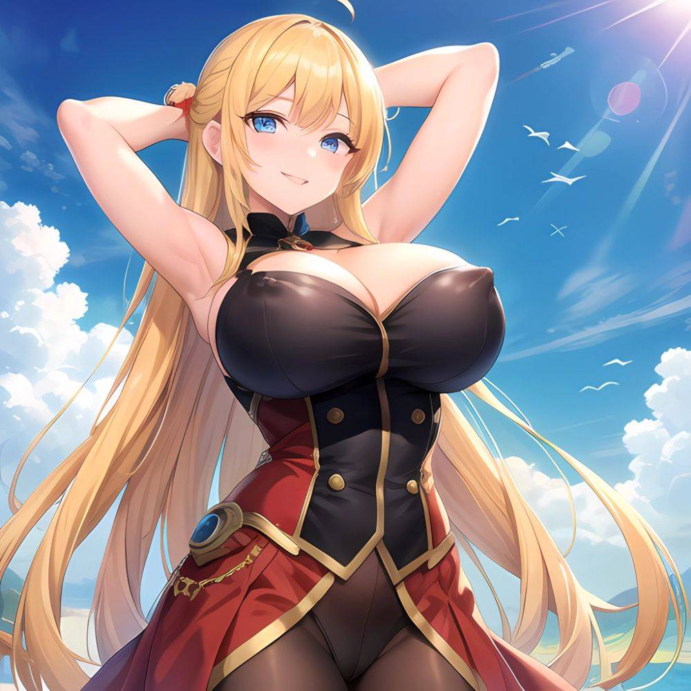 1girl Blonde Hair Breasts Cleavage Grenadier Manga Haganef Huge Breasts Long Hair Nipples Pussy Smile Tendou Rushuna Arms Behind, 482285180 - AIHentai - #main