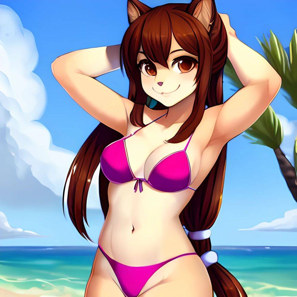 1girl Armpits Arms Behind Head Bikini Brown Eyes Brown Hair Cowboy Shot Dot Nose Flat Chest From Side Hair Ornament, 2386039948 - AIHentai - #main