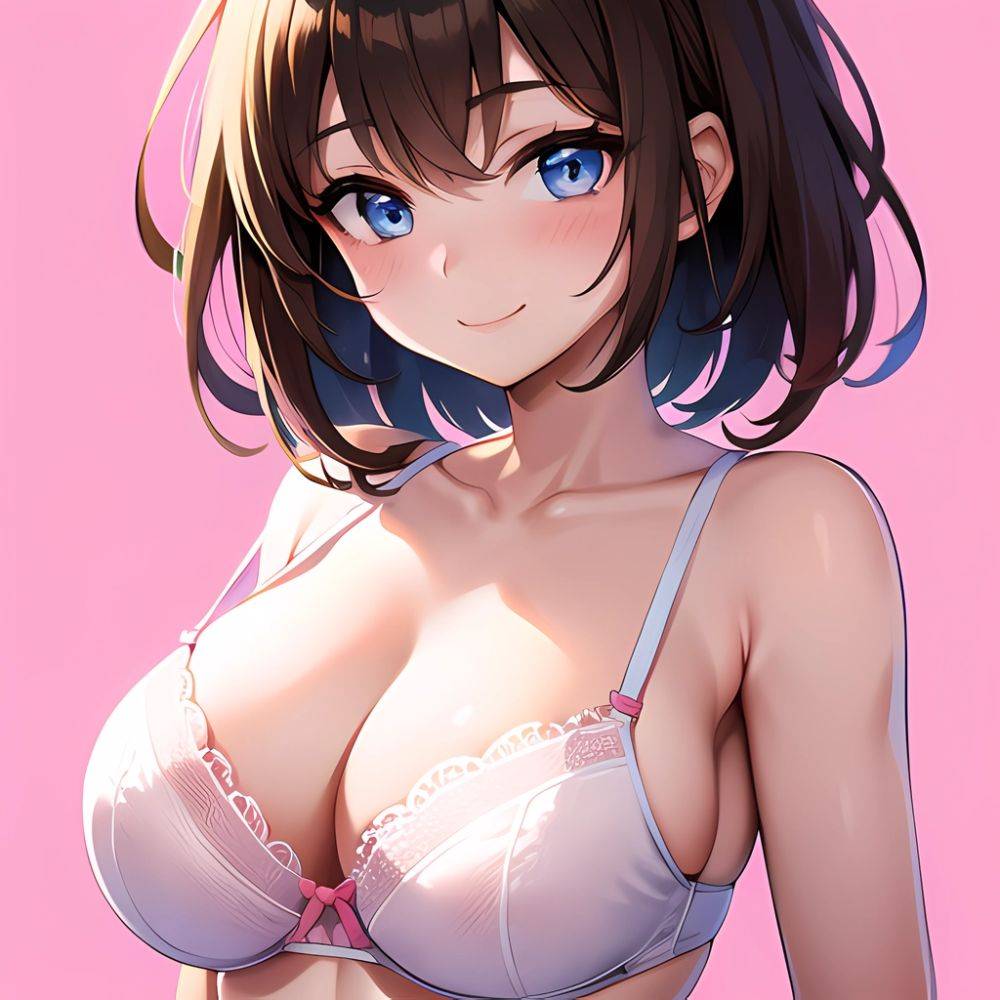 1girl Ai Generated Blue Eyes Blush Breasts Brown Hair Highres Large Breasts Light Smile Looking At Viewer Pink Background Short, 2427201452 - AIHentai - #main