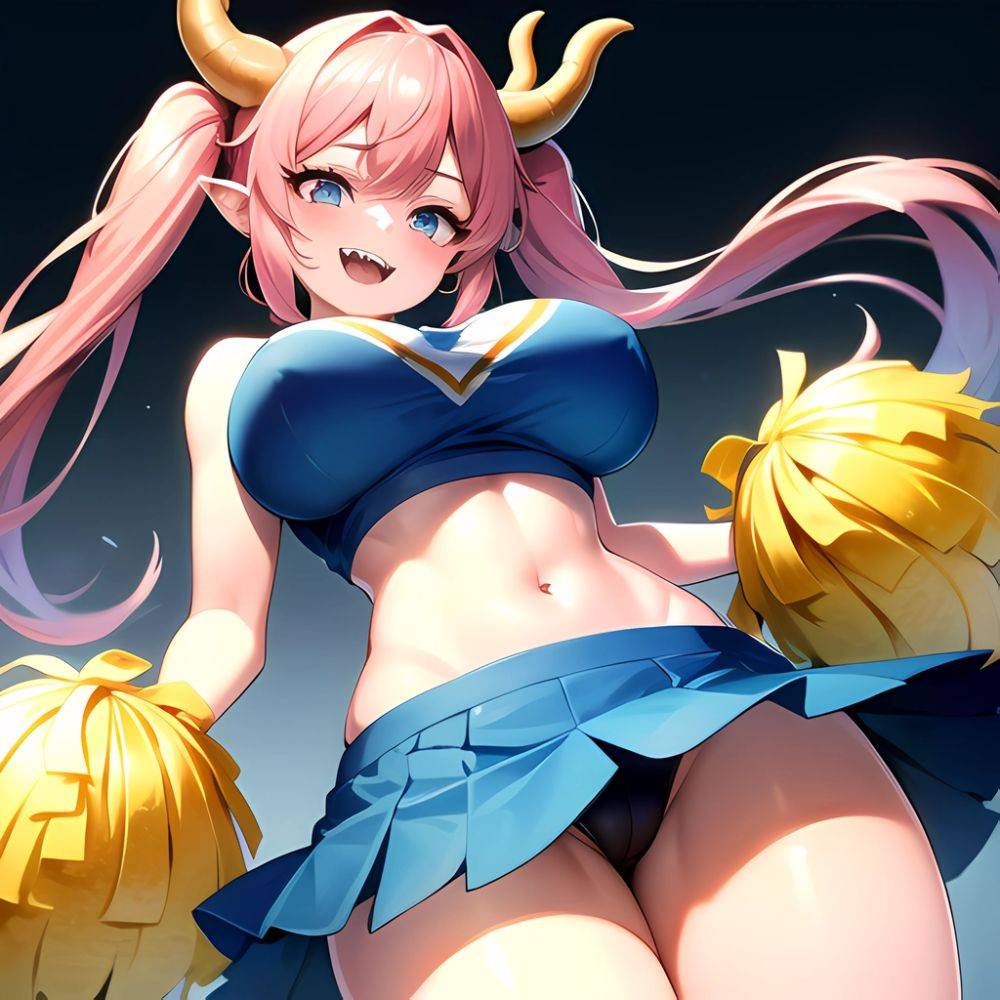 1girl Absurdres Blue Skirt Bluefrok Breasts Cheerleader Dragon Girl Dragon Horns Highres Holding Holding Pom Poms Horns Huge Bre, 2740384075 - AIHentai - #main