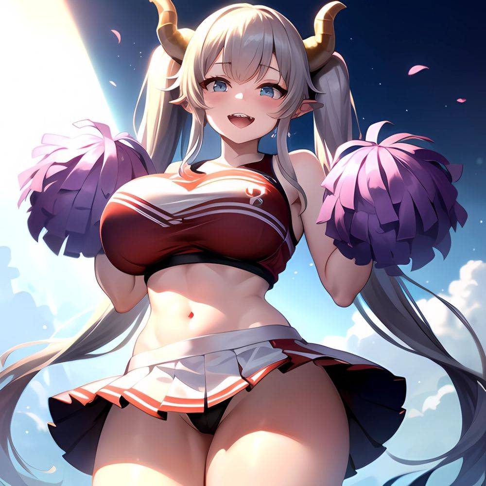 1girl Absurdres White Skirt Whitefrok Breasts Cheerleader Dragon Girl Dragon Horns Highres Holding Holding Pom Poms Horns Huge B, 1447869298 - AIHentai - #main